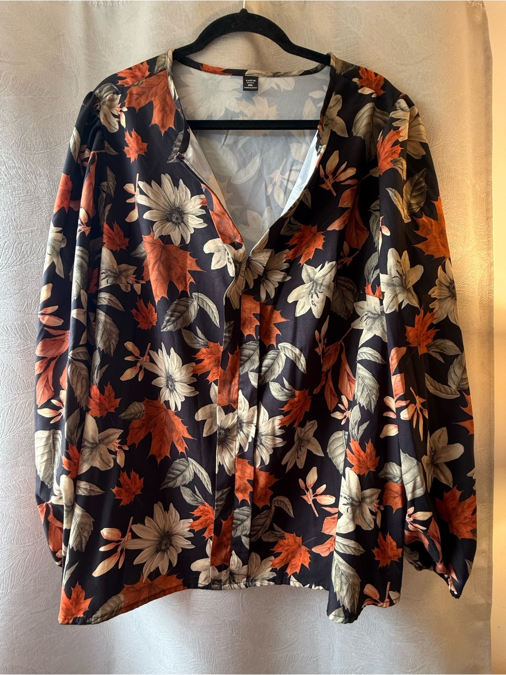 SHEIN Black Button-Down Blouse with Rust Orange & Cream Floral